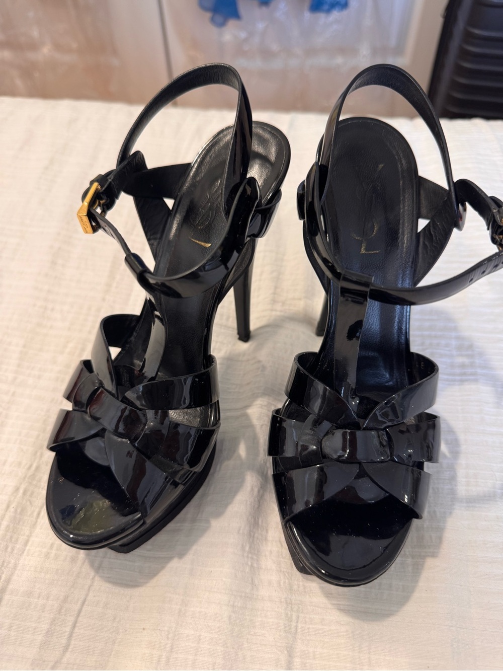 YSL Black Patent High Heel Slingback Sandals